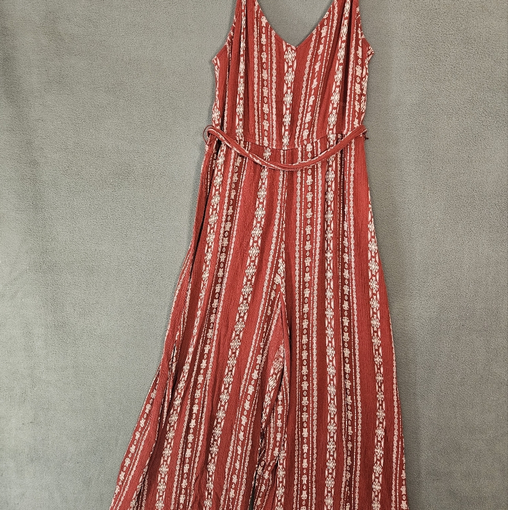 Mi Ami Womens XL Jumpsuit Tank Top Belt Red Vneck White Stiped Crop Vacation